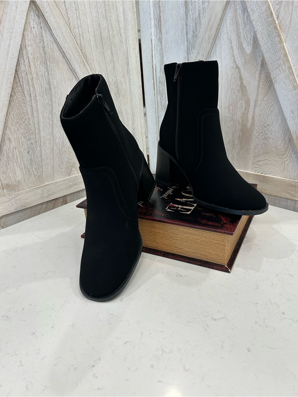BAMBOO Black Suede-Look Ankle Boots with Side Zip